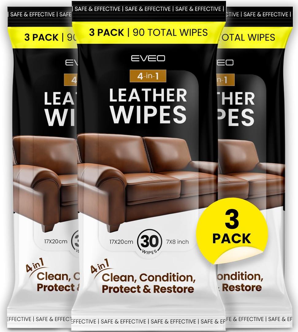 EVEO Leather Cleaner Wipes 4-in-1 Leather Cleaner and Conditioner for Furniture - Leather Couch Cleaner, Car, Shoes & Purses – UV Protection, XL Moistened Wipes Restore & Protect – 3 Pack (90 Total)