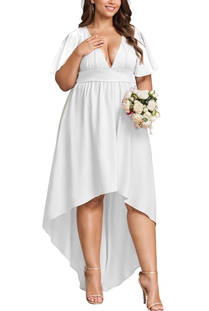 WUSENST White Dress Women Short Ruffle Sleeve V Neck High Low Maxi Dresses Plus Size Cocktail Wedding Guest, 4XL (White)
