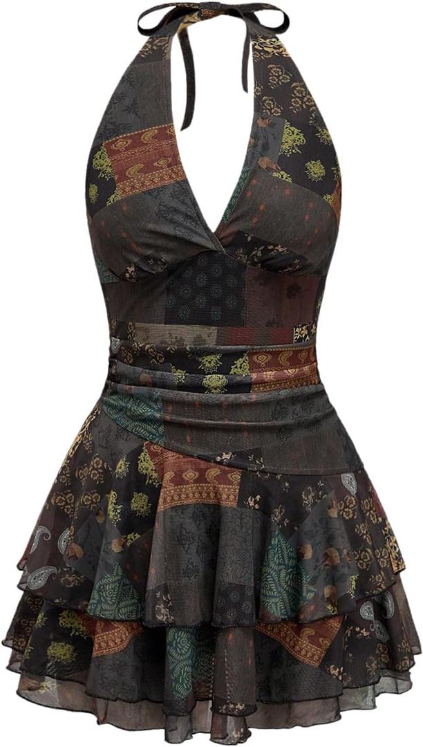 Verdusa Women's Western Dress Ruffle Halter Mini Dresses Embroidery Country Concert Outfits Cowgirl (S)