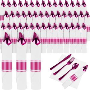 100Pack Pre Rolled Hot Pink Plastic Silverware - Wrapped Hot Pink Disposable Cutlery with Napkins, Pre Rolled Plastic Silverware Set, Disposable Christmas Silverware with Dinner Napkins for Party