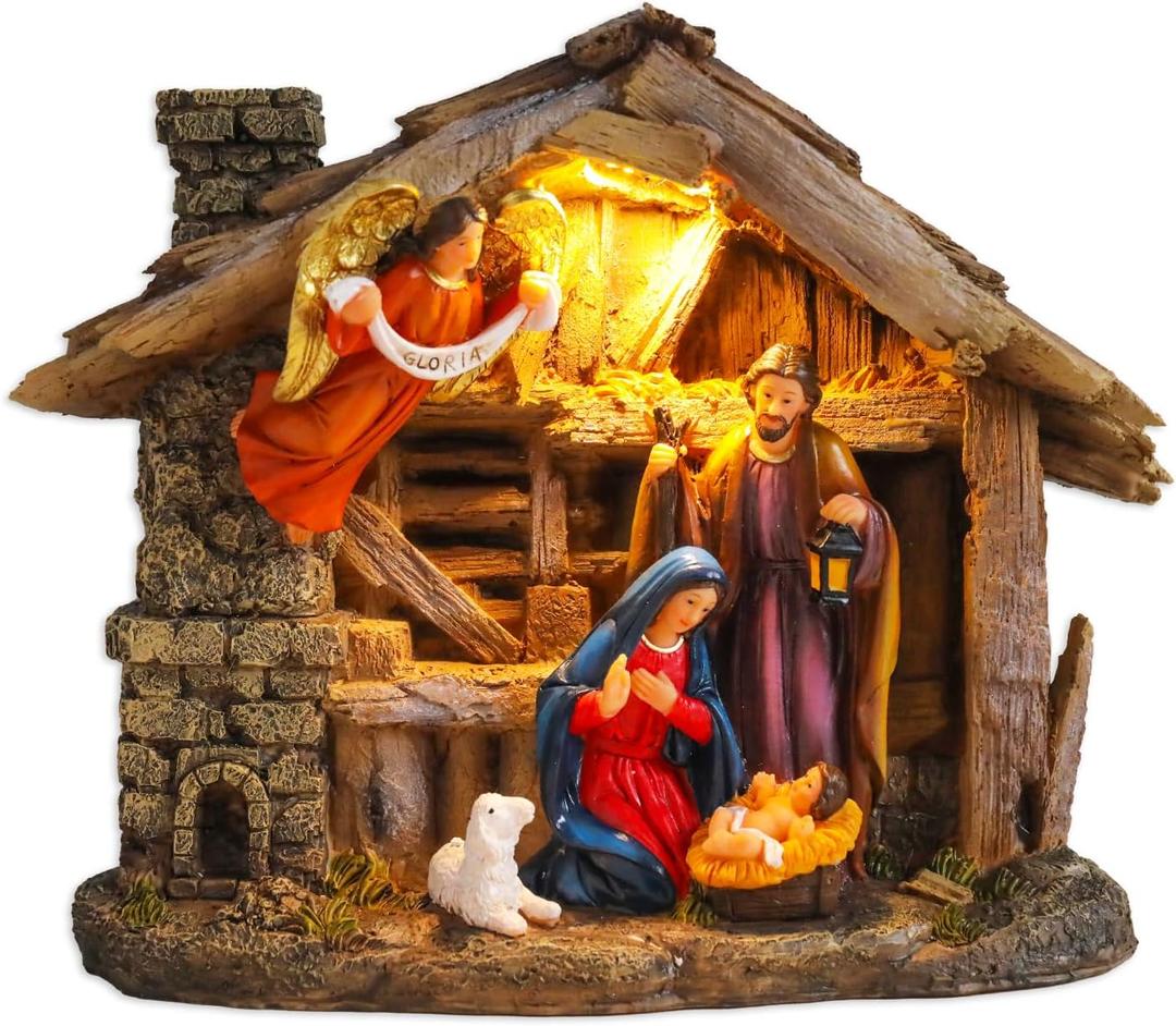 Nativity Scenes Indoor 8.3 Inch Christmas Music Village House Manger Nativity Sets Indoor Baby Jesus Christmas Figurines Decorations