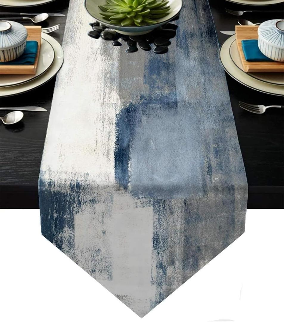 Blue and Grey Table Runner 13x72 Inch Modern Abstract Art Painting Kitchen Dinning Table Decoration for Home Party Décor
