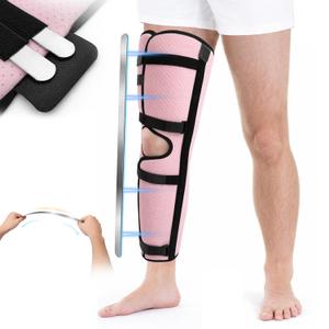 Full Leg Brace with 6 Hook-and-Loop Support Straps, 23" Knee Immobilizer with 4 Removable Bendable Aluminum Stays, Breathable & Soft for Recovery Support, Men & Women (Pink)