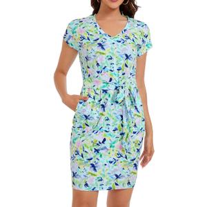 Lightbare Womens UPF 50+ Short Sleeve T Shirt Dress V Neck Summer Floral Dresses Tie Waist Casual with Pockets (XL)