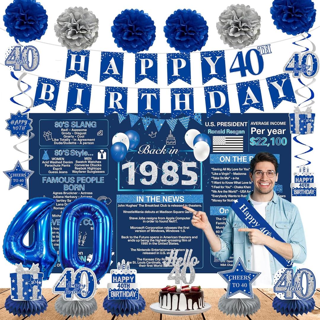 Crenics 40th Birthday Decorations for Men or Women - Back in 1985 Birthday Backdrop, 40th Birthday Banner, Swirls, Honeycomb, Sash, Cake Topper and Balloons for 40 Birthday Party Supplies