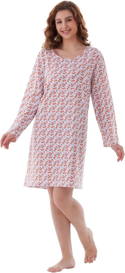 Nightgowns for Women, Women's Sleepwear Lightweight Cotton Nightdress, Crew Neck Sleepshirt Long Sleeve Loose Fit (S)