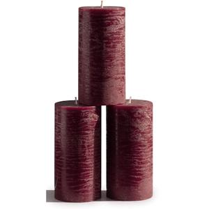 CANDWAX Large Pillar Candles 3x6 Inch  Set of 3 Unscented Dripless Burgundy Candles, Long Burning Rustic Finish for Weddings, Home Decor