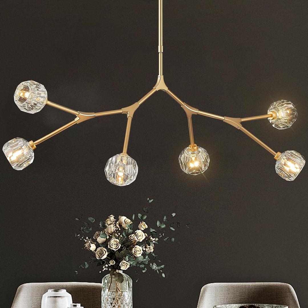 K9 Crystal Pendant Light Fixture Sputnik Chandeliers for Dining Room 6 Light Modern Gold Chandelier L43' Mid Century Flush Mount Chandelier for Over Table Living Room Kitchen Island