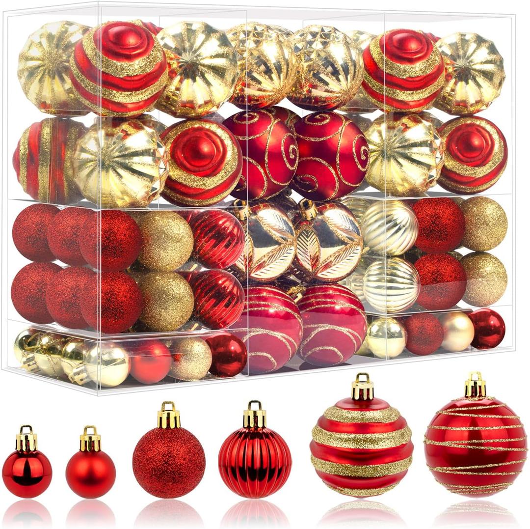 100 Pcs Christmas Ball Ornaments Set, Red and Gold Xmas Tree Decoration, Shatterproof Decorative Hanging Balls with Loop for Christmas Party Holiday Wreath Garland Home Decor