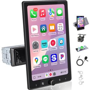 10.4" Single Din Car Stereo Wireless Carplay, Rotating HD 1280 * 800 IPS Display Touchscreen, Car Radio with Bluetooth 5.2, FM Radio, Android Auto, Backup Camera