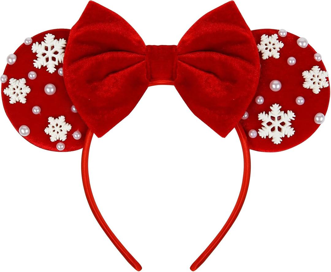 WOVOWOVO Christmas Mouse Ears Headbands for Women Velvet Mouse ear Headband Pearl Snowflakes Hair Accessories (Red)