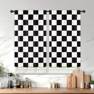 Black and White Checkered Kitchen Curtains 27.5Wx39H Inch Rod Pocket Short Small Kids Plaid Bathroom Window Curtains Checkerboard Door Curtains 2 Panel Window Treatment Set for Living Room