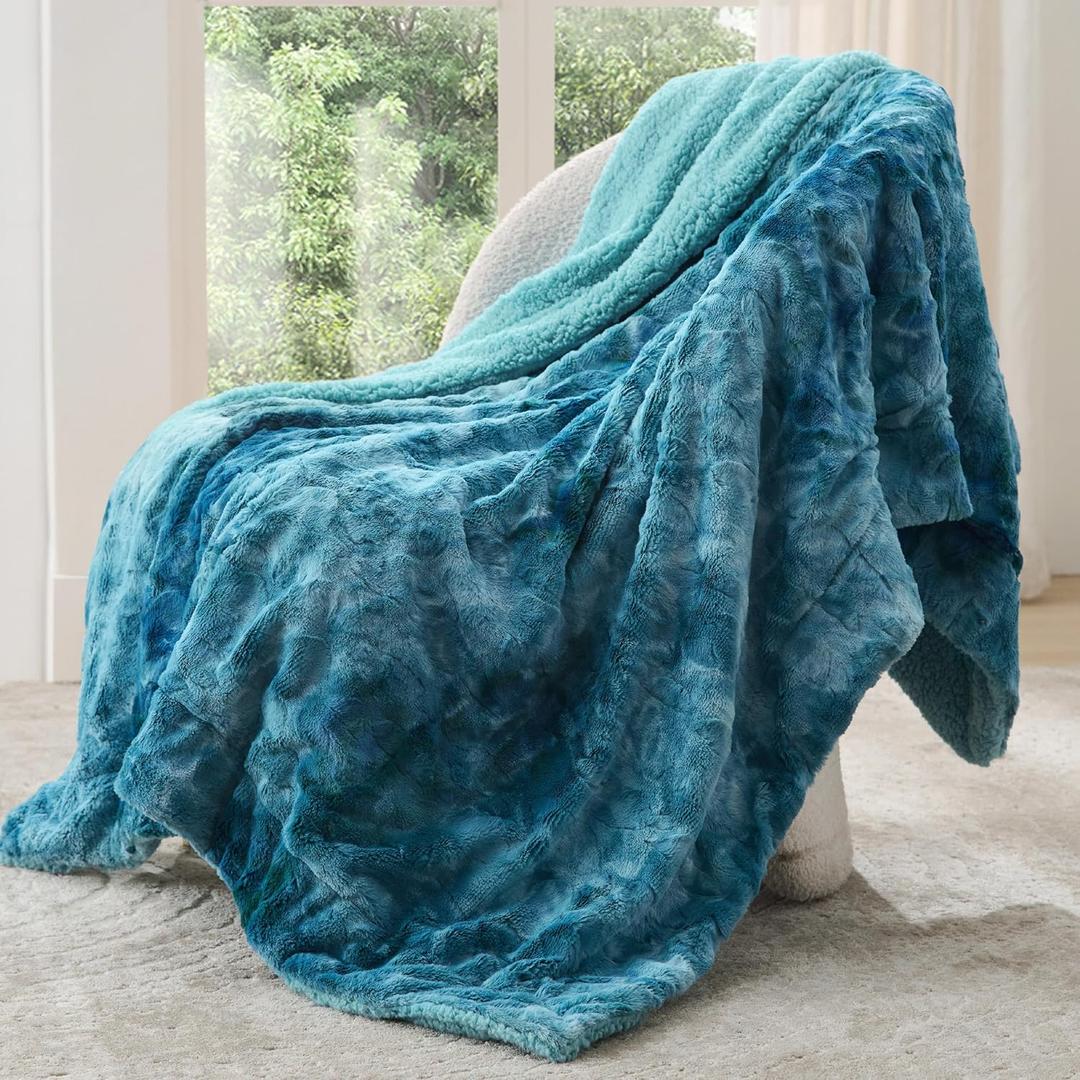 Bedsure GentleSoft Sherpa Fluffy Blanket Twin Size - Fleece Warm and Cozy Throw for Women Gift, Plush & Fuzzy Faux Fur Christmas Blanket for Couch, Sofa, Bed Decor, Tie Dye Design, Teal, 60x80 Inches