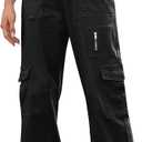 IVIR Cargo Pants Women High Waist Wide Leg Casual Pants with 7 Pockets Stretchy Drawstring Baggy Y2K Trousers (Black, S)