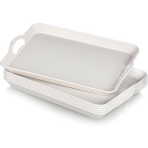 6 Pcs Serving Trays with Handles Trays for Eating 16 x 11 Inch Multi Purpose Plastic Tray Rectangular Anti Skid Decorative Food Tray for Restaurant Breakfast Countertop Party Kitchen (White)