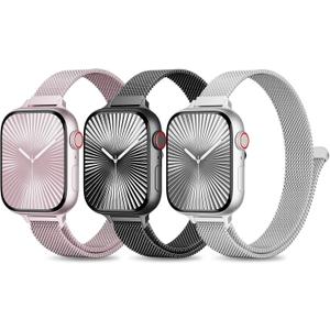 3 Pack Slim Metal Loop Compatible with Apple Watch Band 42mm 41mm 40mm 38mm 46mm 45mm 44mm 49mm Women Men, Thin Stainless Steel Magnetic Strap for iWatch Bands Series 11 10 9 8 SE 7 6 5 4 3 Ultra (Pink/Black/Silver)