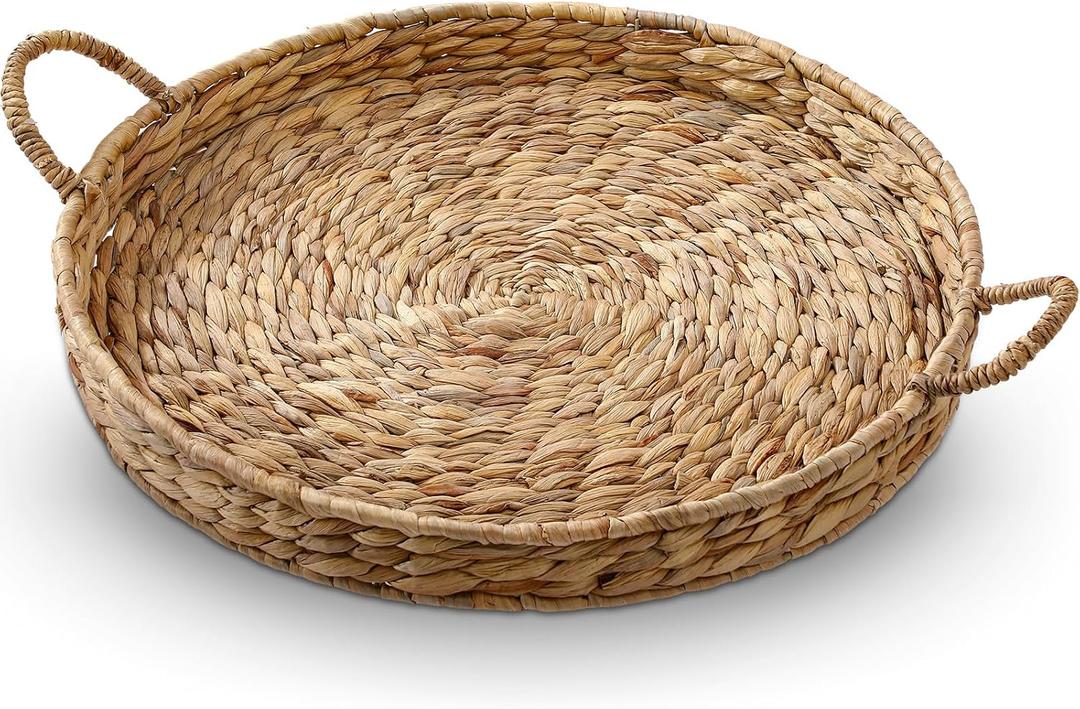 Round Woven Hyacinth Serving Tray with Handles Rattan Decorative Storage Basket for Fruit Arts Crafts Breakfast Coffee Table Dining, 1.97 x 21.65 Inches