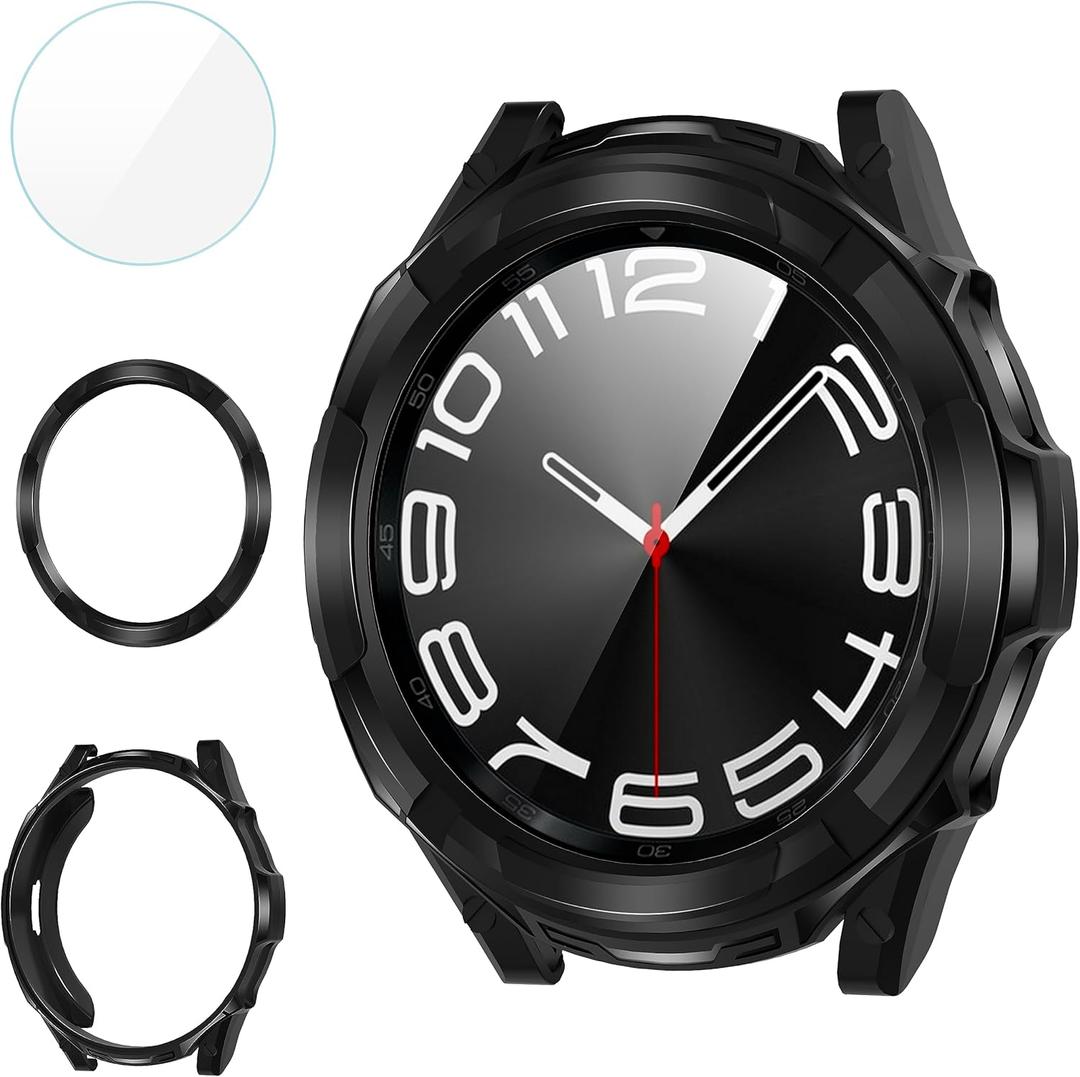 Suoman 3 in 1 for Samsung Galaxy Watch 6 Classic 47mm Case, HD Tempered Glass Screen Protector, All-Around Protective TPU Bumper Cover- Black