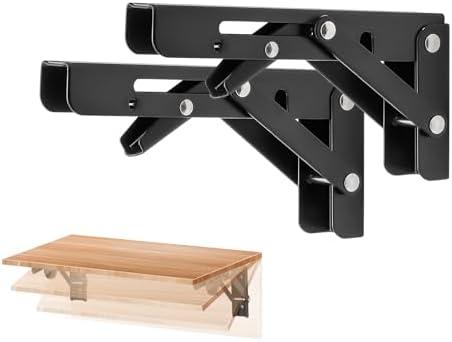 Ravinte 6 Inch Heavy Duty Folding Shelf Brackets - Collapsible Matte Black Brackets for Table, Bench, Space Saving Design, 2 Pack