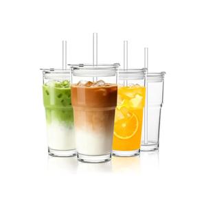 INSETLAN 20oz Glass Tumbler with Glass Straw and Lid, Set of 4 - Thickened Ice Coffee Cup, Glass Cup with Lid and Straw for Smoothie, Tea, Milk, Whiskey, Water and More – Elegant & Durable