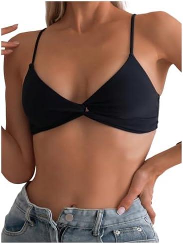 SOLY HUX Women's Twist Front Bikini Top V Neck Spaghetti Strap Swim Tops Bathing Suit, S, Black