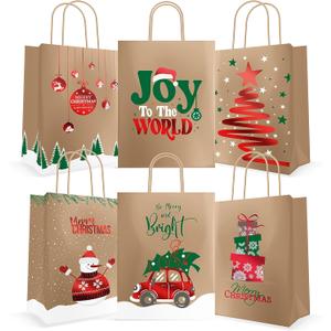 Easykart Labels 24 Christmas Kraft Gift Bags With Red Foiling for Holiday, Goody Bags, Xmas, Classrooms and Party Favors (9 x 7.3 x 3.3) (1 Count (Pack of 24))