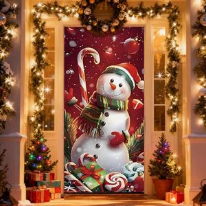 Christmas Door Cover, Elastic New Year Front Door Sleeve Decoration Snowman Porch Sign Christmas Ball Photography Background Banner Holiday Decor(Style 3)