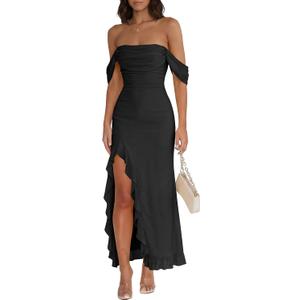 Caracilia Womens Summer Off The Shoulder Formal Bodycon Maxi Dresses High Slit Ruffle Hem Mesh Wedding Guest Cocktail Dress (Black, L)