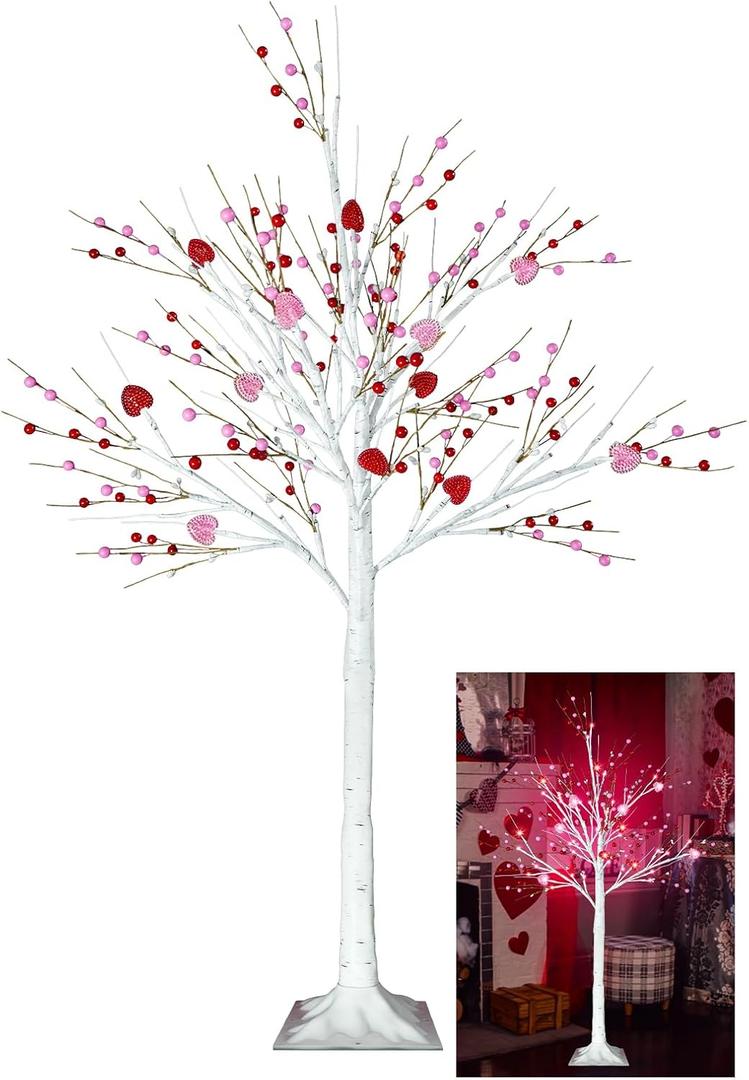 4 FT Birch Tree with Lights, Lighted Birch Tree with Heart Berry Ornaments 48 Led Red Pink Lights Artificial Valentines Day Tree for Gifts Home Indoor Decoration