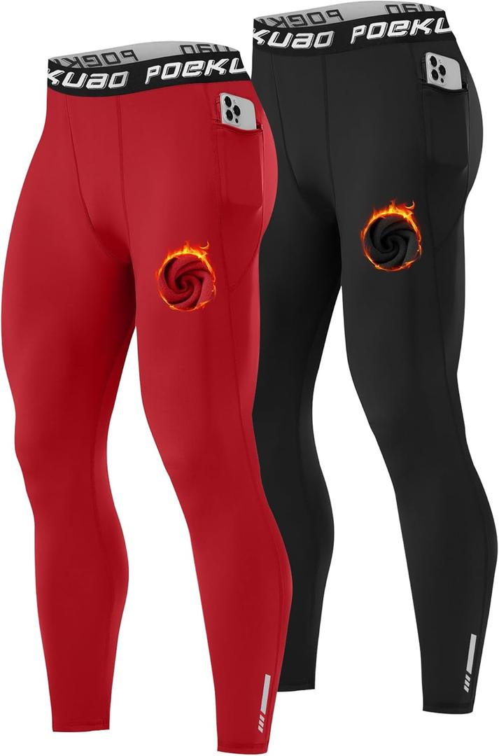 Poekuao 2 Pack Thermal Leggings for Men High Elastic Fleece Lined Workout Compression Pants Cold Weather Athletic Running Tights Base Layer with Pockets Black/ Red 3XL
