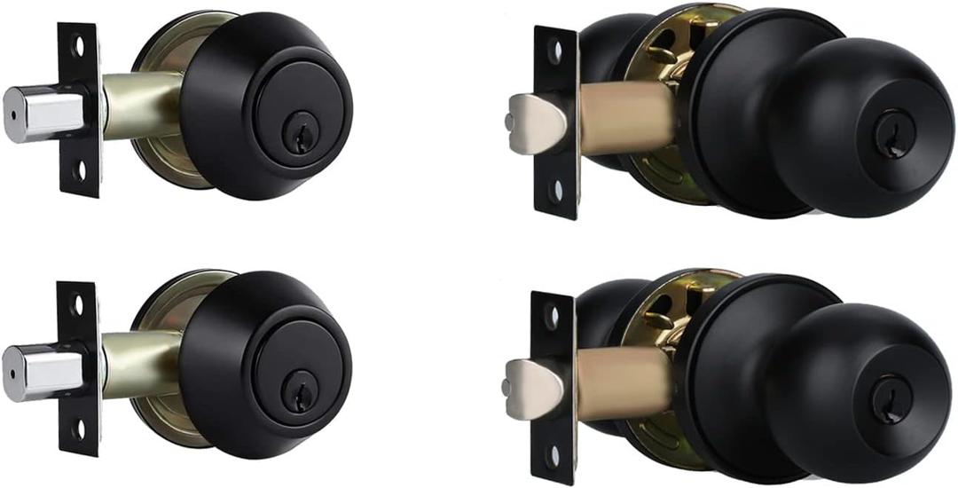 Exterior Door Lock Set with Deadbolt, Single Cylinder Deadbolt Lock and Door Knob Set, Keyed Alike Door Locks for Front Door,Matte Black Door Knob and Deadbolt Set(2Pack Set)