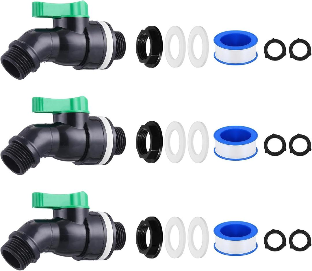 3 Sets Rain Barrel Spigot Kit 3/4 High Flow Water Barrel Faucet 3/4 NPS Inlet x GHT Outlet Bulkhead Plastic Spigot for Downspout Container Rainwater Collection