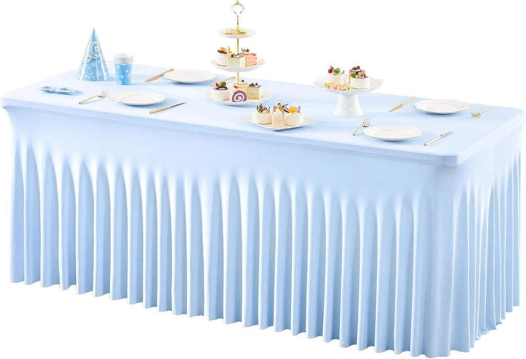1 Pack Baby Blue Table Clothes for 4 Foot Rectangle Tables, One-Piece Wrinkle Resistant Stretch Spandex Table Covers with Skirt for Event Banquet Wedding Birthday Party
