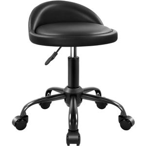 KKTONER Rolling Stool with BackRest Height Adjustable Round Chair with Wheels Swivel Drafting Work PU Leather stools Small (Black)