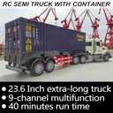 23.6-Inch 9-Channel Remote Control Semi Truck with Trailer  1:24 Scale RC Container Carrier Truck Toy for Kids 3-8, Dual Batteries, Light & Sound Effects, Ultimate Gift for Boys & Girls