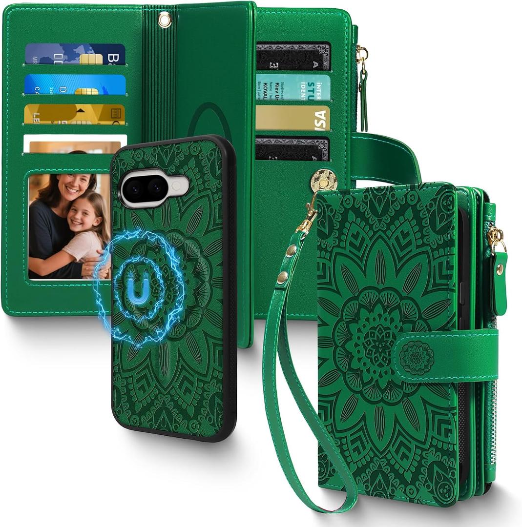 2 in 1 for Google Pixel 9/9 Pro / 10/10 Pro 6.3" Wallet Case Magnetic Compatible with Magsafe RFID Blocking Card Holder Detachable Phone Cover Zipper Purse Kickstand Strap Women Floral Green