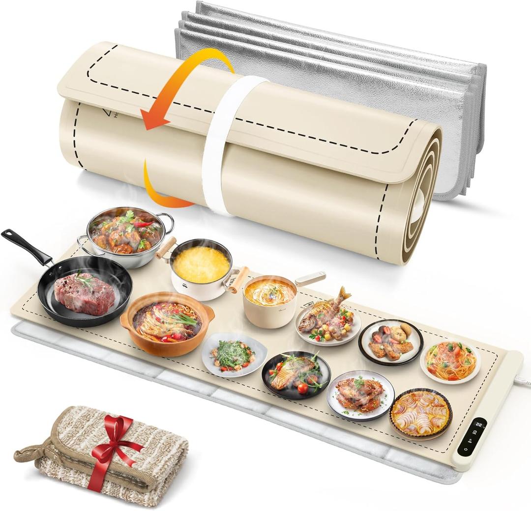 FYY Extra Long Warming Mat for Food with Heat Resistant Pad, Prevent Countertop Cracks, Keep Meal Warm, Rapid and Full Surface Heating, 6 Temp Settings, 6H Timer, Rollable Portable Food Warmer, Beige