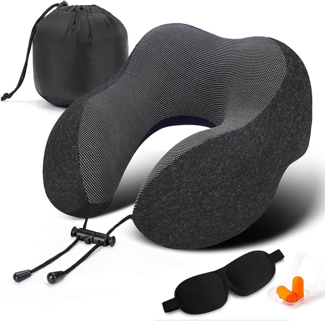 TALLGO Travel Pillow, Best Memory Foam Neck Pillow Head Support Soft Pillow for Sleeping Rest, Airplane Car & Home Use (Black-E)