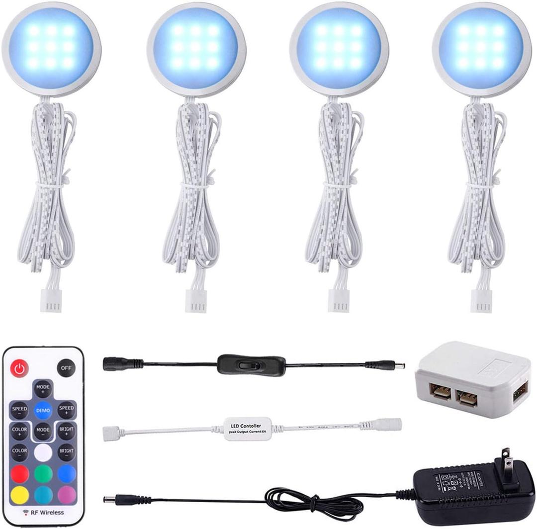AIBOO RGB Color Changing LED Under Cabinet Lights Kit, Aluminum Slim Multi Color Puck Lights for Kitchen Counter Furniture Holiday Ambiance Christmas Decor Lighting (4 Lights)