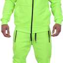 Riflessi Men's Athletic Sports Casual 2 Piece Solid Color Tracksuit Hoodie Jogger Pants Sweatsuit Set (Neon Green, L)