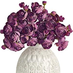 Letjolt Ranunculus Artificial Flower 18 Pcs Black Silk Ranunculus Wedding Bouquet Engagement Centerpieces Arrangements Bridal Shower Decorations Home Decor, Purple