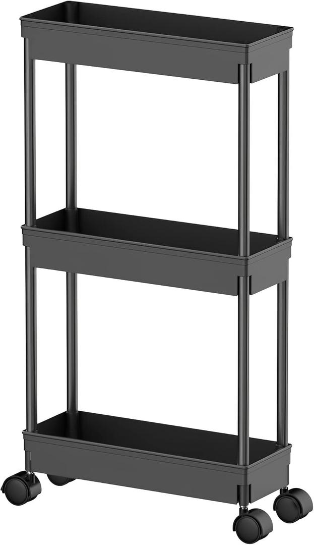 Sooyee 3 Tier Rolling Cart with Wheels,Slim Storage Cart,Narrow Storage Cabinet,Under Desk Storage,Rolling Utility Cart Storage Organizer for Office Bathroom Kitchen Laundry Room Narrow Places, Black