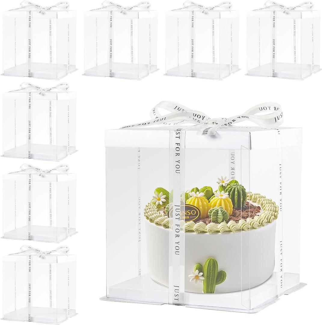 8Pcs Clear Cake Box with Ribbon 2-Layer 10x10x9 Inch, Transparent Cake Carrier Box with Lids, Tall Cake Boxes, Clear Gift Boxes for Birthday Wedding Valentine'Day.(White, 10*10*9inch/8pcs)