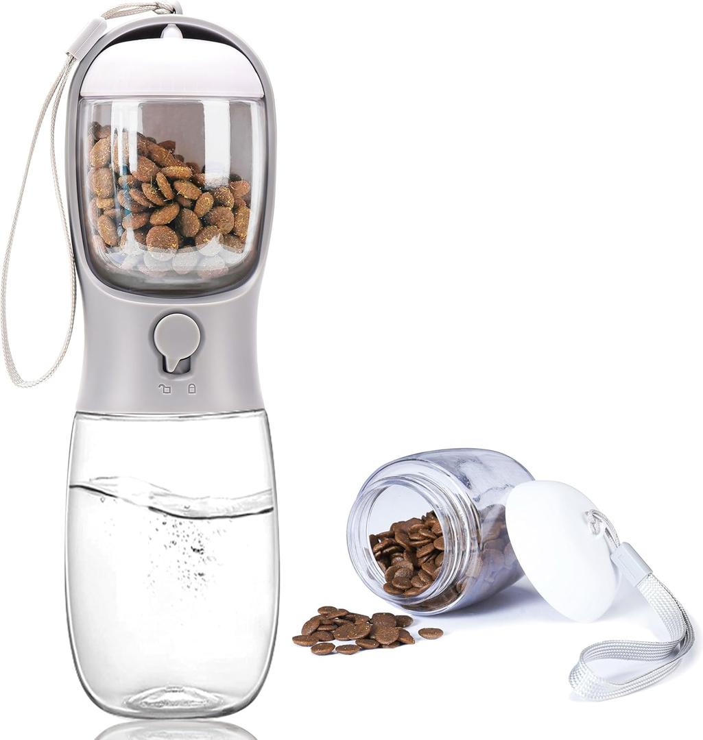 Dog Water Bottle with Food Container, Portable Leak Proof Pet Water Dispenser for Walking Hiking Travel, Puppy Essentials Accessories for Small Large Dogs, Dog Gifts (10oz/15oz/19oz) (Grey)