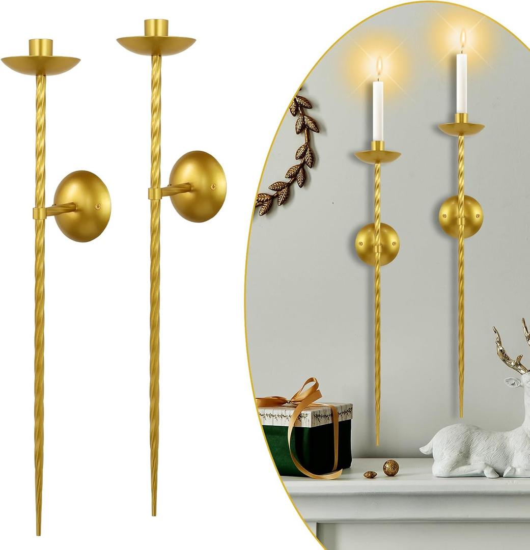 lobolighting Candle Sconces Long Wall Candle Holder Set of 2 Gold Candle Wall Sconce Twisted Candle Holder Decoration for Dining Room, Fireplace, Living Room, Stairway (Gold, 23.6 Inch)
