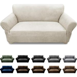 Pfrstuv Loveseat Sofa Slipcover Leather Look Couch Covers for 2 Seater Couch Sofa 1-Piece Sofa Cover Stretch Furniture Protector with Elastic Bottom & Pockets(Loveseat, Beige)