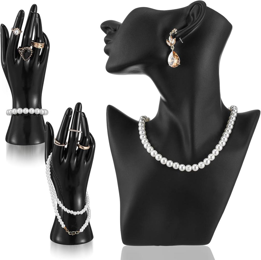 3 Pcs Jewelry Mannequin Display Set Including Boutique Bust Holder Mannequin Earring Stand Hand Display Bracelet Ring Stand for Selling Show(Black)