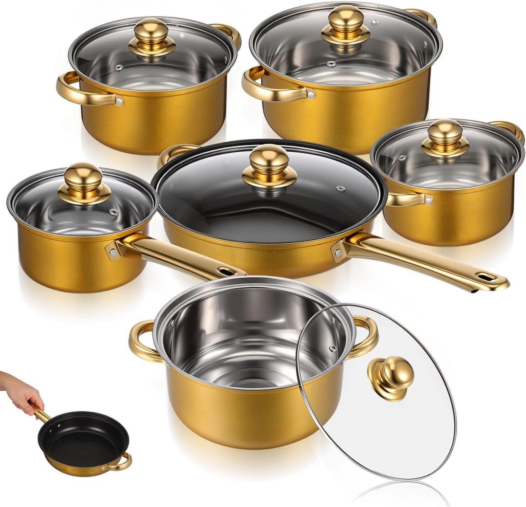 CALLARON Stainless Steel Cookware Set, 6 Piece Pots and Pans Set, Nonstick Cooking Utensils, Stockpots & Saucepans with Lids, Includes Saucepan & Stockpot for Everyday Home Use, Gold, 44.50X24.00X5.50CM