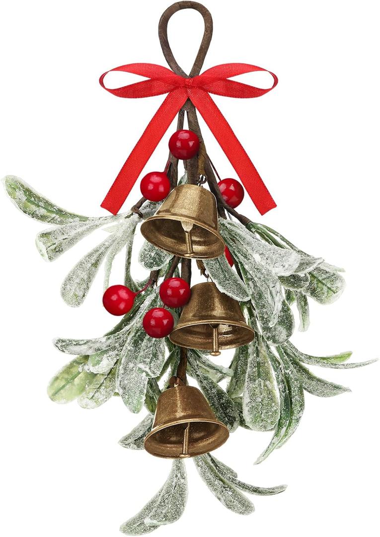 Tigeen Christmas Mistletoe Kiss Decor with Metal Bells and Bow Knots 8.6 Inch Artificial Christmas Mistletoe Hanging Ornaments for Xmas Party Tree Doors Walls Window Fireplaces Decorations(Red)