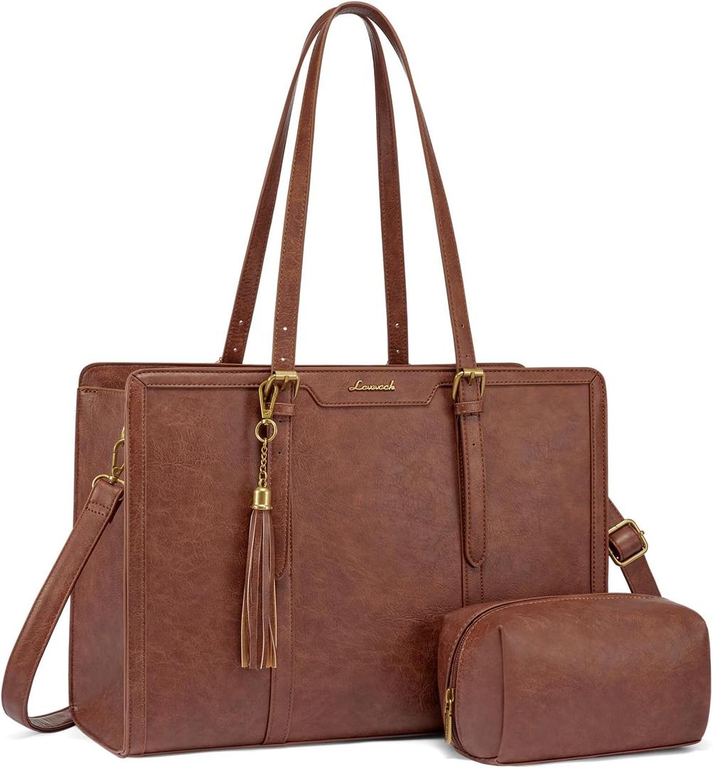LOVEVOOK Laptop Bag for Women Vintage Leather Laptop Tote 17.3 inch Large Capacity Computer bag with Clutch Purse for Work (Brown)